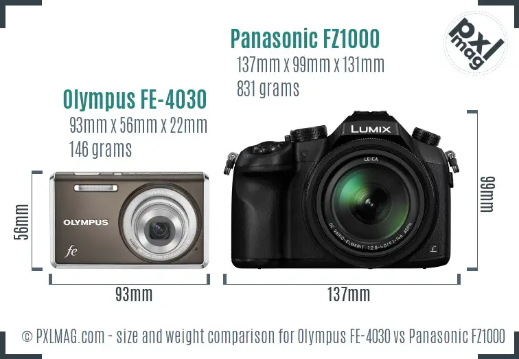 Olympus FE-4030 vs Panasonic FZ1000 size comparison