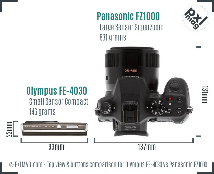 Olympus FE-4030 vs Panasonic FZ1000 top view buttons comparison