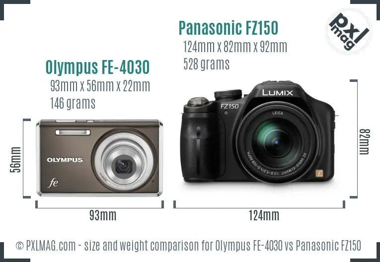 Olympus FE-4030 vs Panasonic FZ150 size comparison