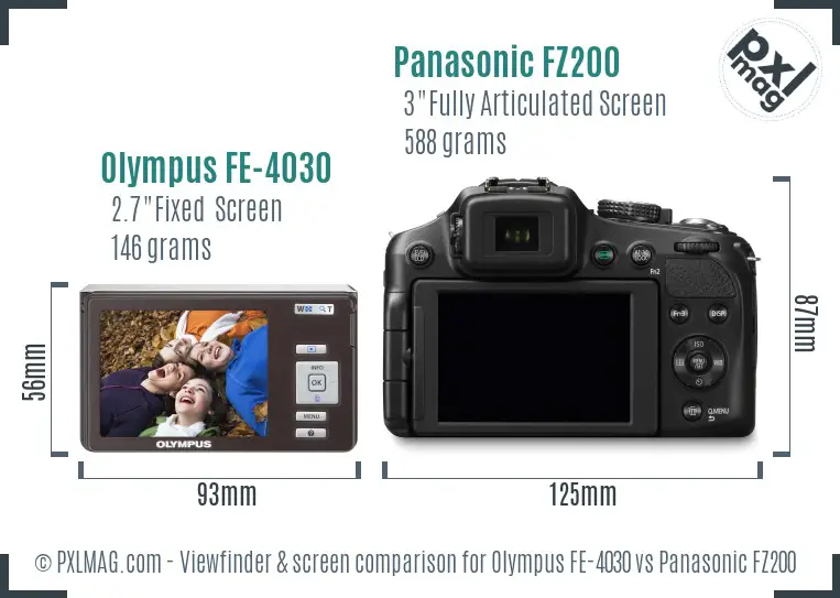 Olympus FE-4030 vs Panasonic FZ200 Screen and Viewfinder comparison