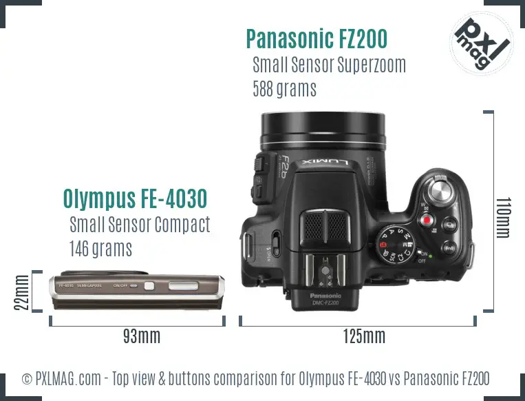 Olympus FE-4030 vs Panasonic FZ200 top view buttons comparison