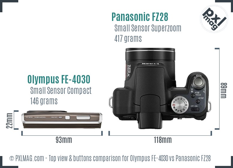 Olympus FE-4030 vs Panasonic FZ28 top view buttons comparison