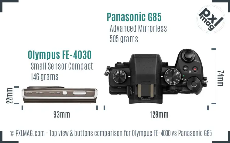 Olympus FE-4030 vs Panasonic G85 top view buttons comparison