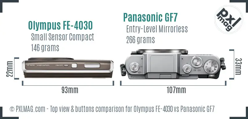 Olympus FE-4030 vs Panasonic GF7 top view buttons comparison