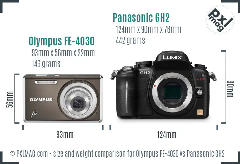 Olympus FE-4030 vs Panasonic GH2 size comparison