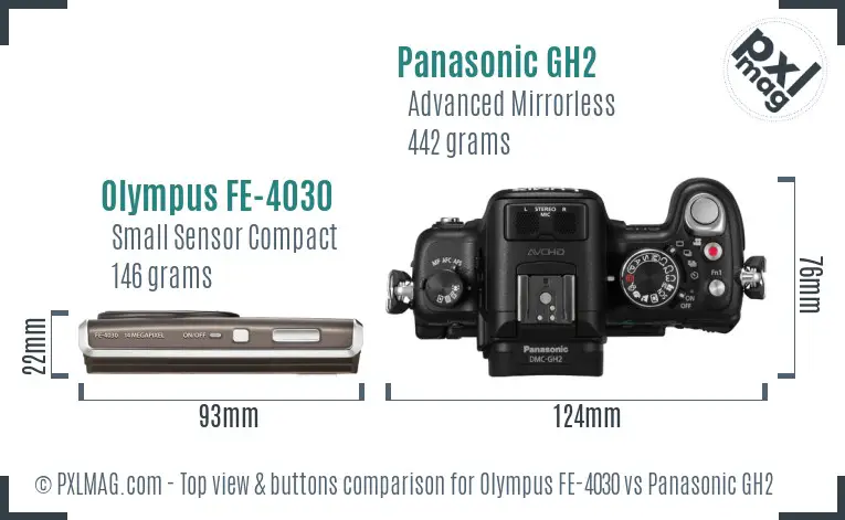 Olympus FE-4030 vs Panasonic GH2 top view buttons comparison