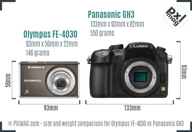 Olympus FE-4030 vs Panasonic GH3 size comparison