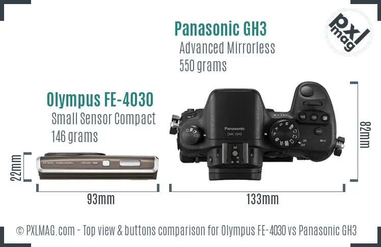 Olympus FE-4030 vs Panasonic GH3 top view buttons comparison