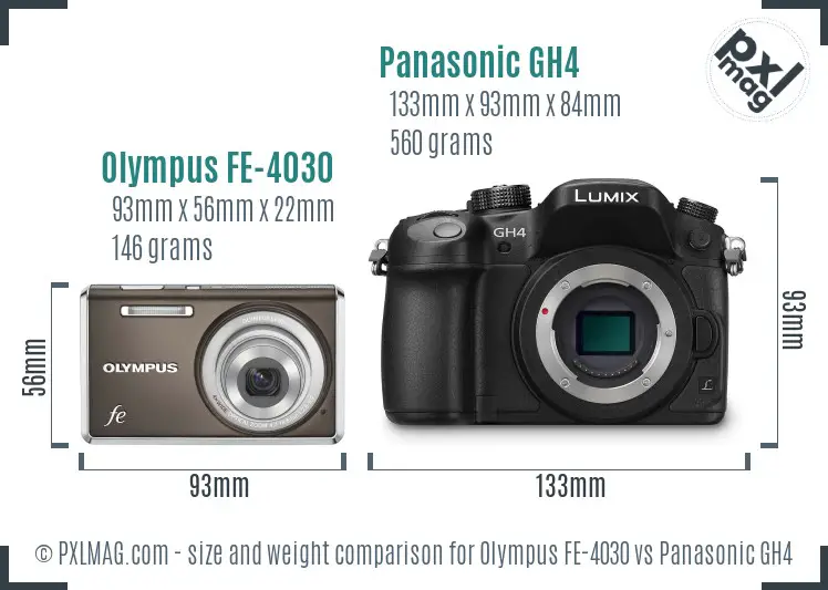 Olympus FE-4030 vs Panasonic GH4 size comparison