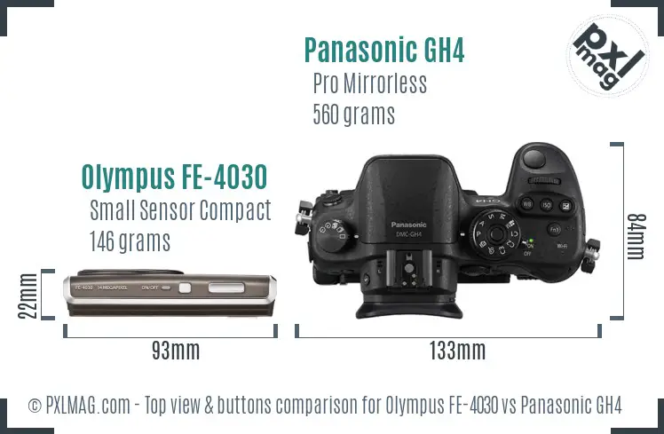 Olympus FE-4030 vs Panasonic GH4 top view buttons comparison