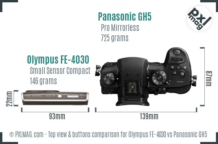 Olympus FE-4030 vs Panasonic GH5 top view buttons comparison