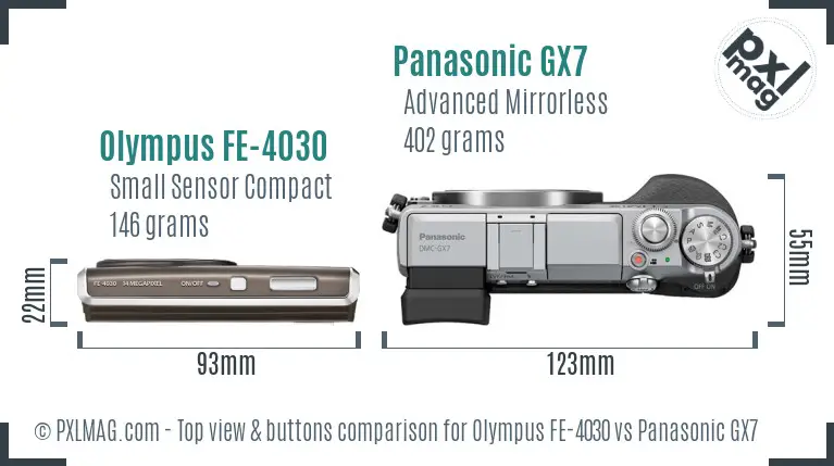 Olympus FE-4030 vs Panasonic GX7 top view buttons comparison