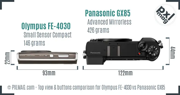 Olympus FE-4030 vs Panasonic GX85 top view buttons comparison Olympus FE-4030 vs Panasonic GX85 top view buttons comparison