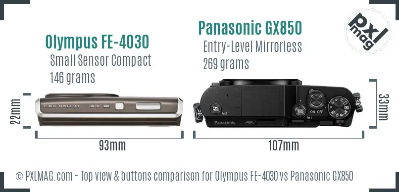 Olympus FE-4030 vs Panasonic GX850 top view buttons comparison