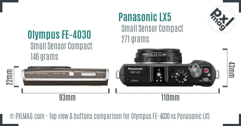 Olympus FE-4030 vs Panasonic LX5 top view buttons comparison Olympus FE-4030 vs Panasonic LX5 top view buttons comparison