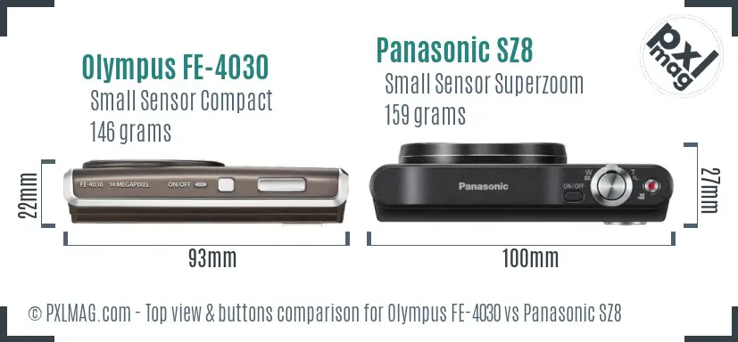 Olympus FE-4030 vs Panasonic SZ8 top view buttons comparison