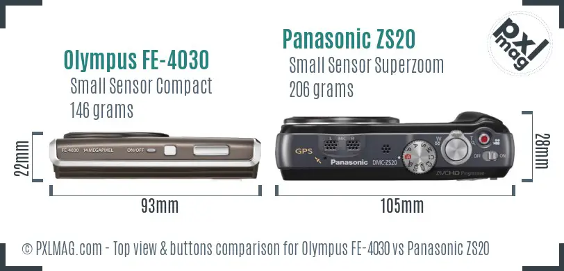 Olympus FE-4030 vs Panasonic ZS20 top view buttons comparison