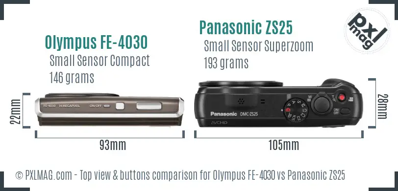 Olympus FE-4030 vs Panasonic ZS25 top view buttons comparison