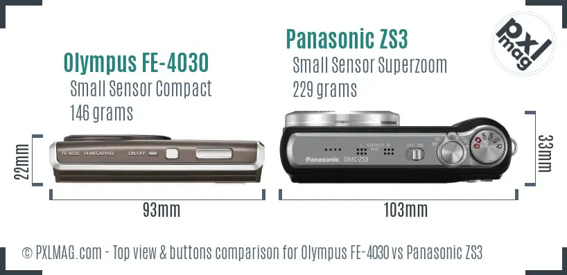 Olympus FE-4030 vs Panasonic ZS3 top view buttons comparison