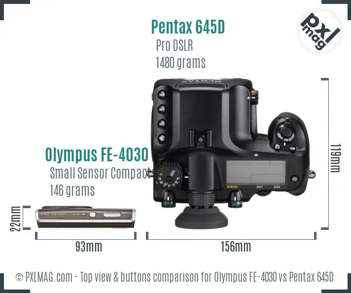 Olympus FE-4030 vs Pentax 645D top view buttons comparison