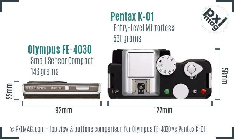 Olympus FE-4030 vs Pentax K-01 top view buttons comparison
