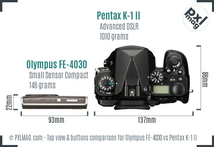 Olympus FE-4030 vs Pentax K-1 II top view buttons comparison