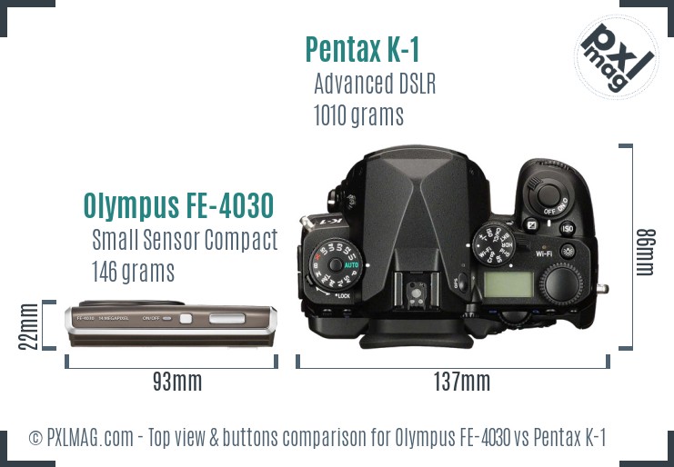 Olympus FE-4030 vs Pentax K-1 top view buttons comparison