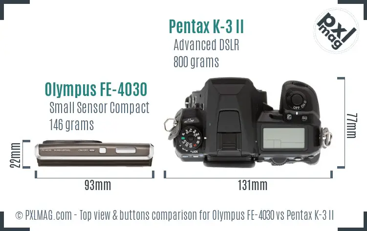 Olympus FE-4030 vs Pentax K-3 II top view buttons comparison