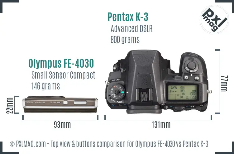 Olympus FE-4030 vs Pentax K-3 top view buttons comparison