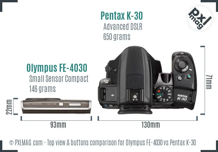 Olympus FE-4030 vs Pentax K-30 top view buttons comparison