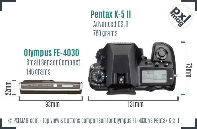 Olympus FE-4030 vs Pentax K-5 II top view buttons comparison