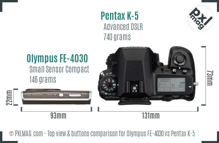 Olympus FE-4030 vs Pentax K-5 top view buttons comparison