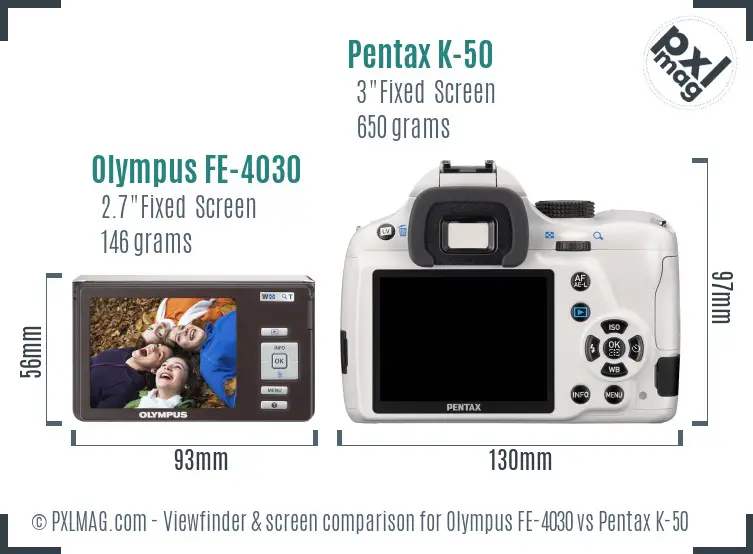 Olympus FE-4030 vs Pentax K-50 Screen and Viewfinder comparison