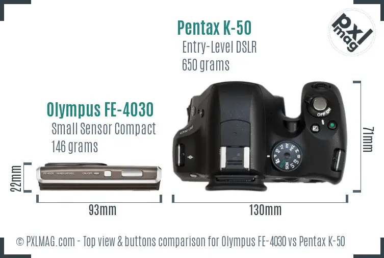 Olympus FE-4030 vs Pentax K-50 top view buttons comparison