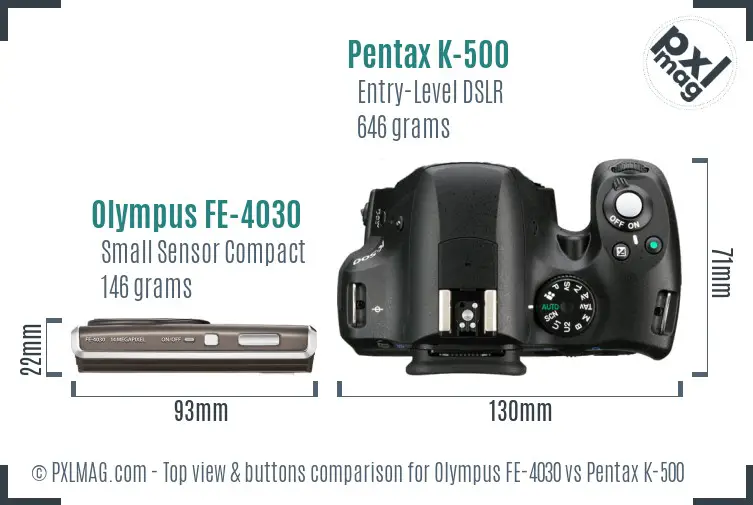 Olympus FE-4030 vs Pentax K-500 top view buttons comparison