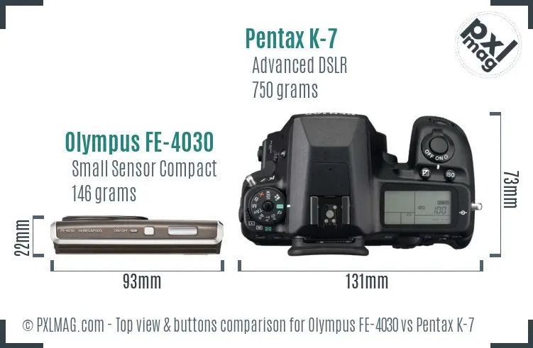 Olympus FE-4030 vs Pentax K-7 top view buttons comparison