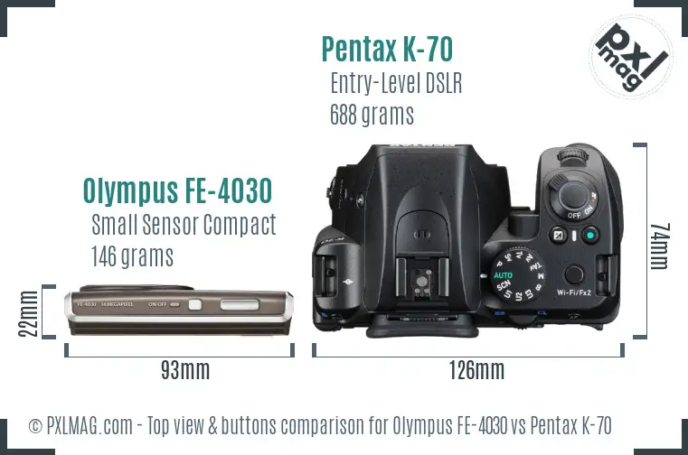 Olympus FE-4030 vs Pentax K-70 top view buttons comparison