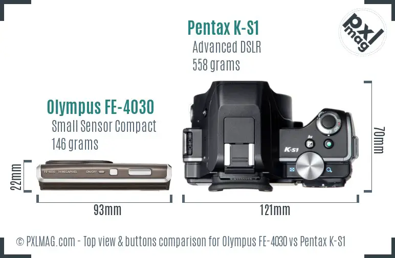 Olympus FE-4030 vs Pentax K-S1 top view buttons comparison