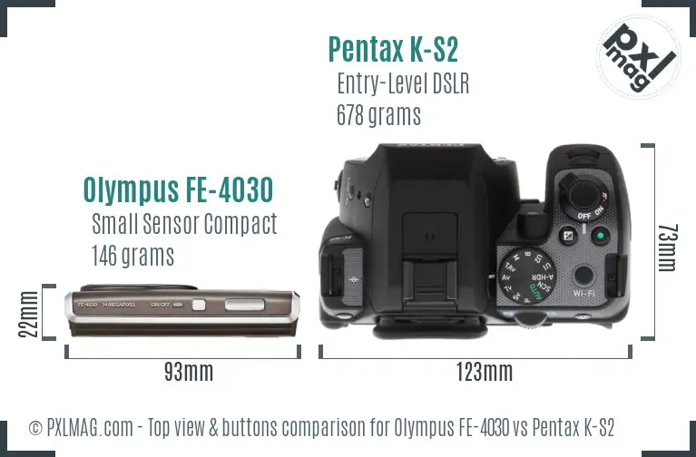 Olympus FE-4030 vs Pentax K-S2 top view buttons comparison