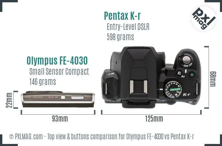 Olympus FE-4030 vs Pentax K-r top view buttons comparison