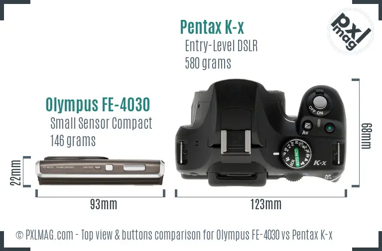 Olympus FE-4030 vs Pentax K-x top view buttons comparison