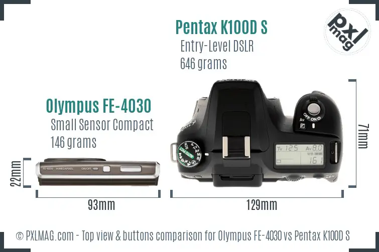 Olympus FE-4030 vs Pentax K100D S top view buttons comparison