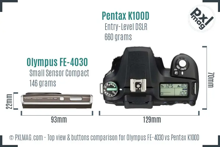 Olympus FE-4030 vs Pentax K100D top view buttons comparison