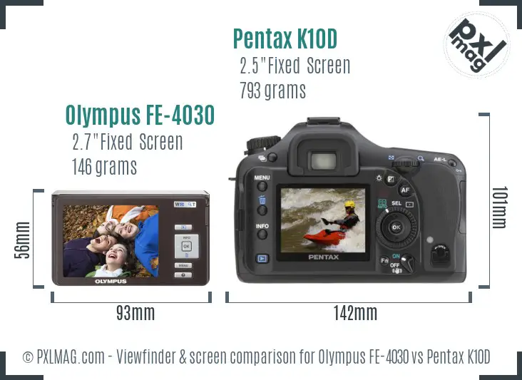 Olympus FE-4030 vs Pentax K10D Screen and Viewfinder comparison