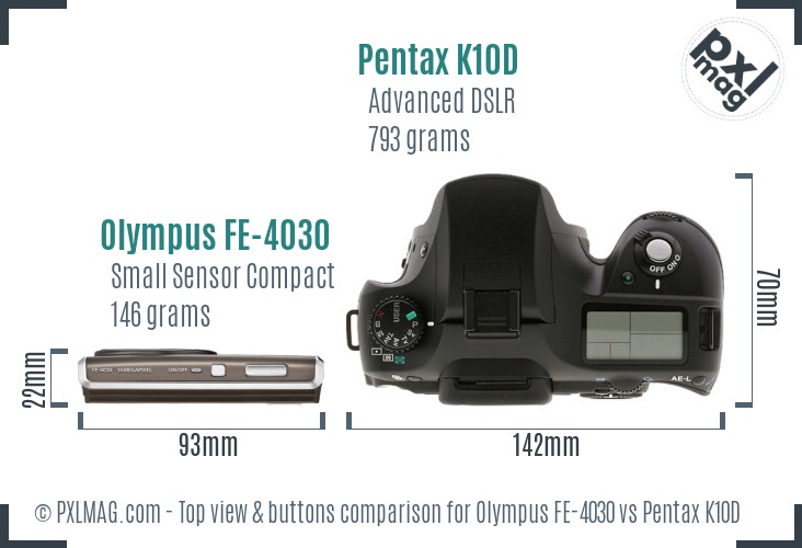 Olympus FE-4030 vs Pentax K10D top view buttons comparison