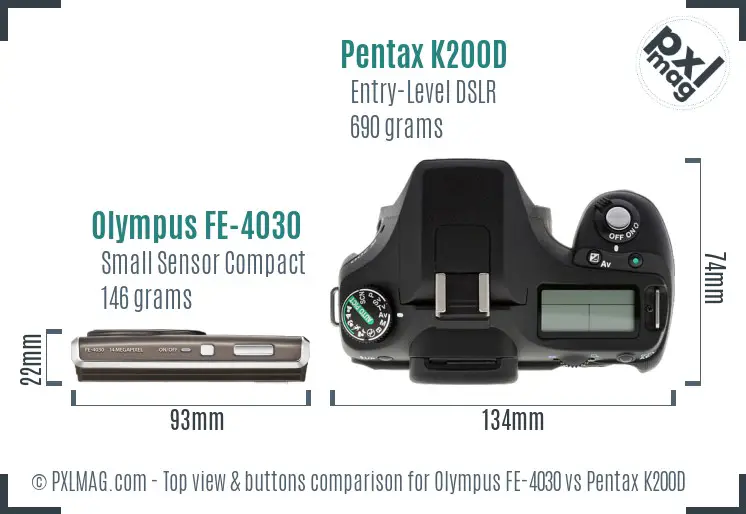 Olympus FE-4030 vs Pentax K200D top view buttons comparison