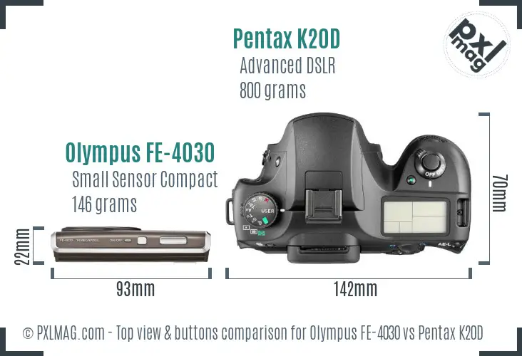 Olympus FE-4030 vs Pentax K20D top view buttons comparison