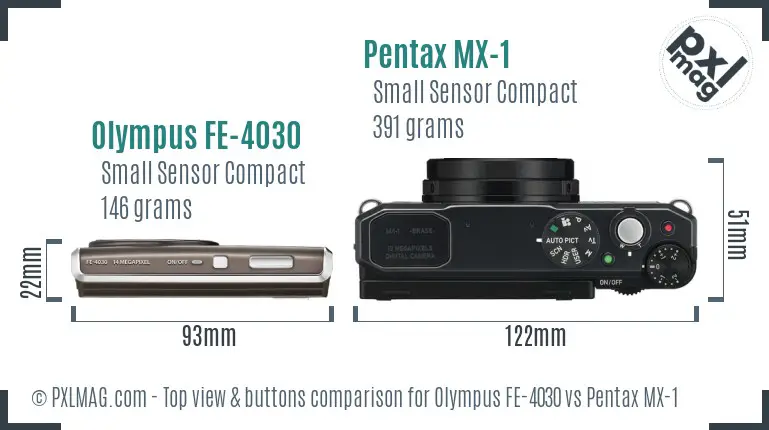 Olympus FE-4030 vs Pentax MX-1 top view buttons comparison