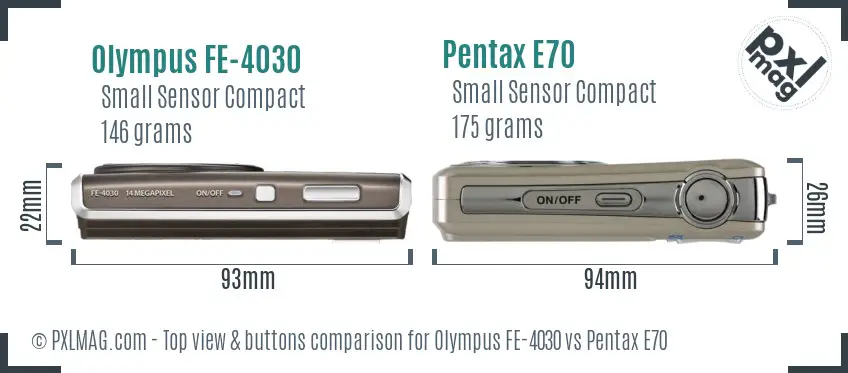 Olympus FE-4030 vs Pentax E70 top view buttons comparison