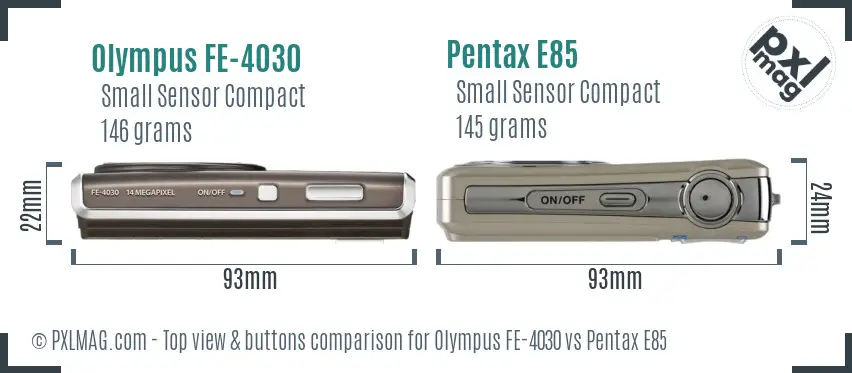 Olympus FE-4030 vs Pentax E85 top view buttons comparison